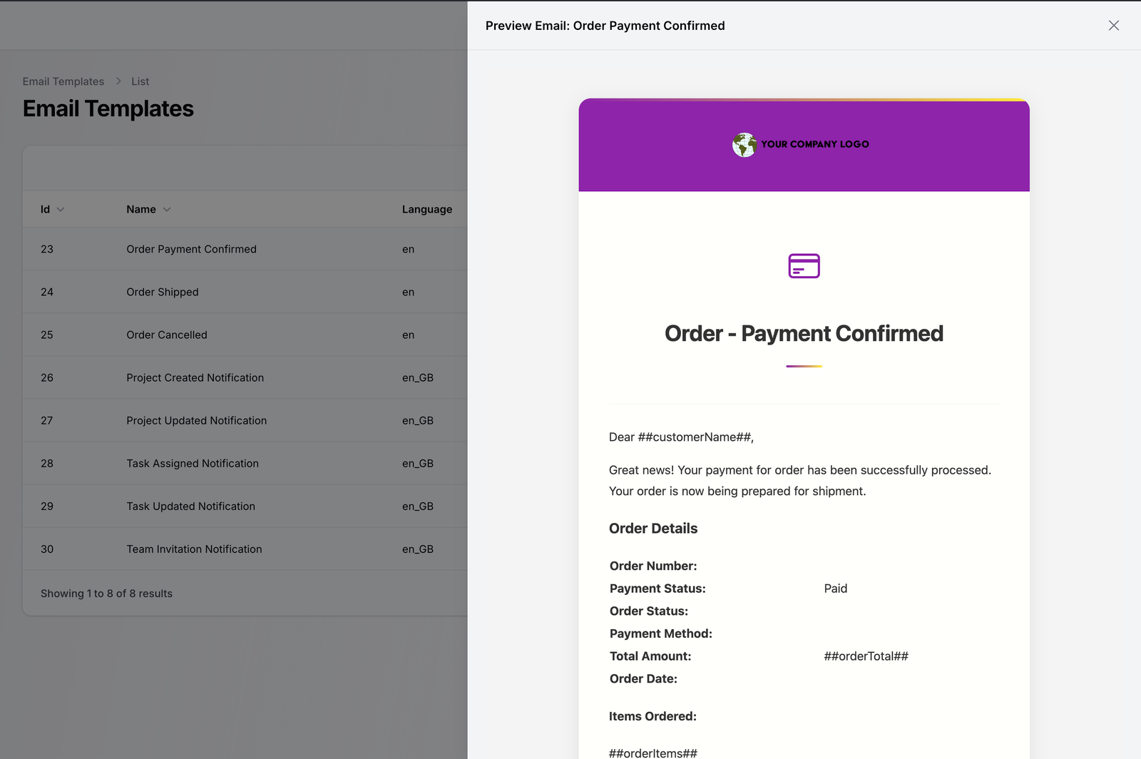 TenantSaaS email template editor with sender details, subject line, preheader, title, editable content with placeholders, language, template view, theme selection, and a live email preview.