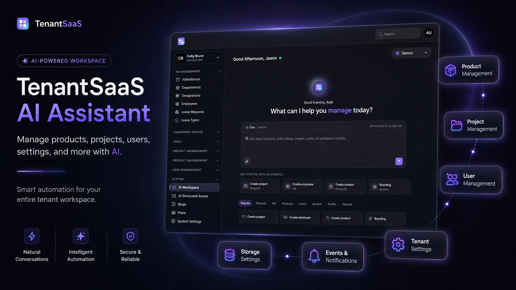 TenantSaaS AI Workspace product preview showing the AI assistant managing projects, products, users, and tenant settings.
