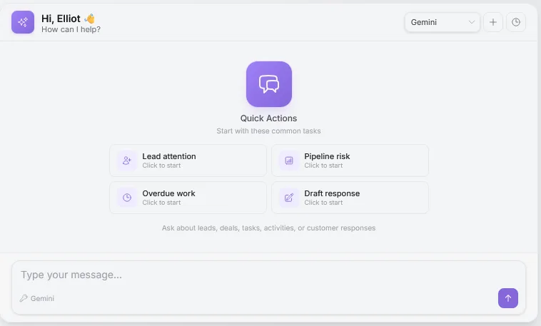 TenantSaaS CRM Smart AI Agent answering CRM questions and summarizing sales work.