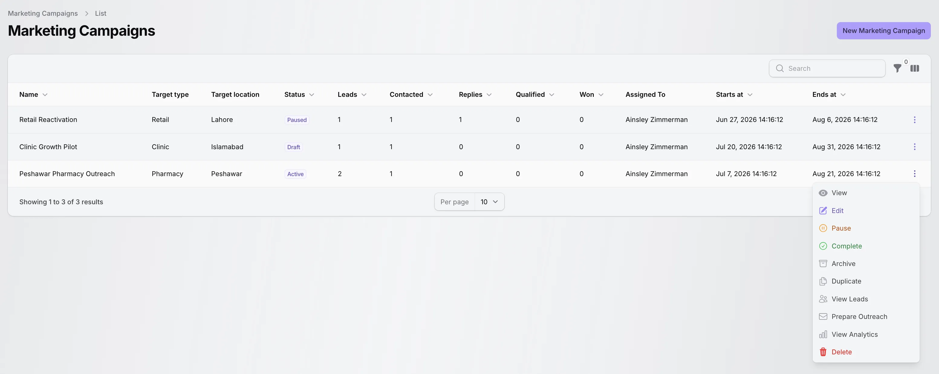 TenantSaaS marketing campaigns table with target type, target location, status, lead counts, contacted, replies, qualified, won, and campaign actions.