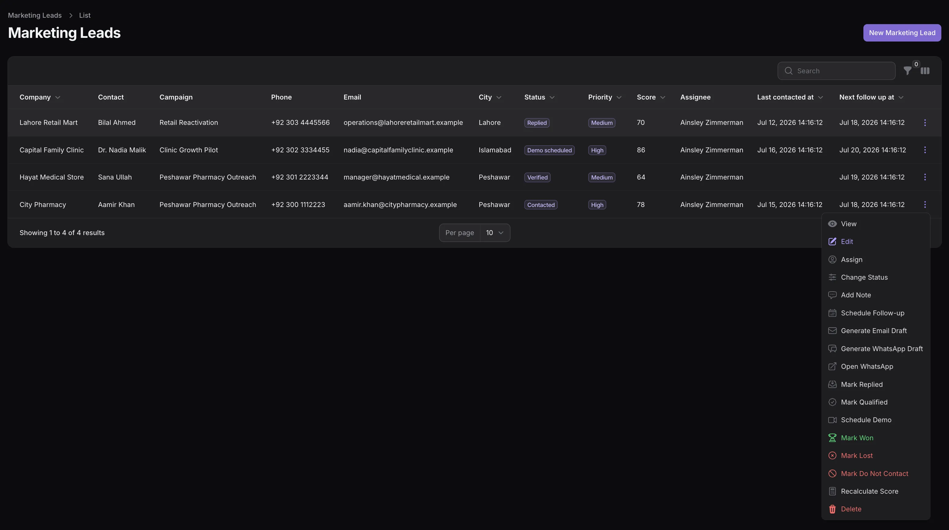 TenantSaaS marketing leads table with company, contact, campaign, status, priority, score, assignee, follow-up dates, and lead workflow actions.