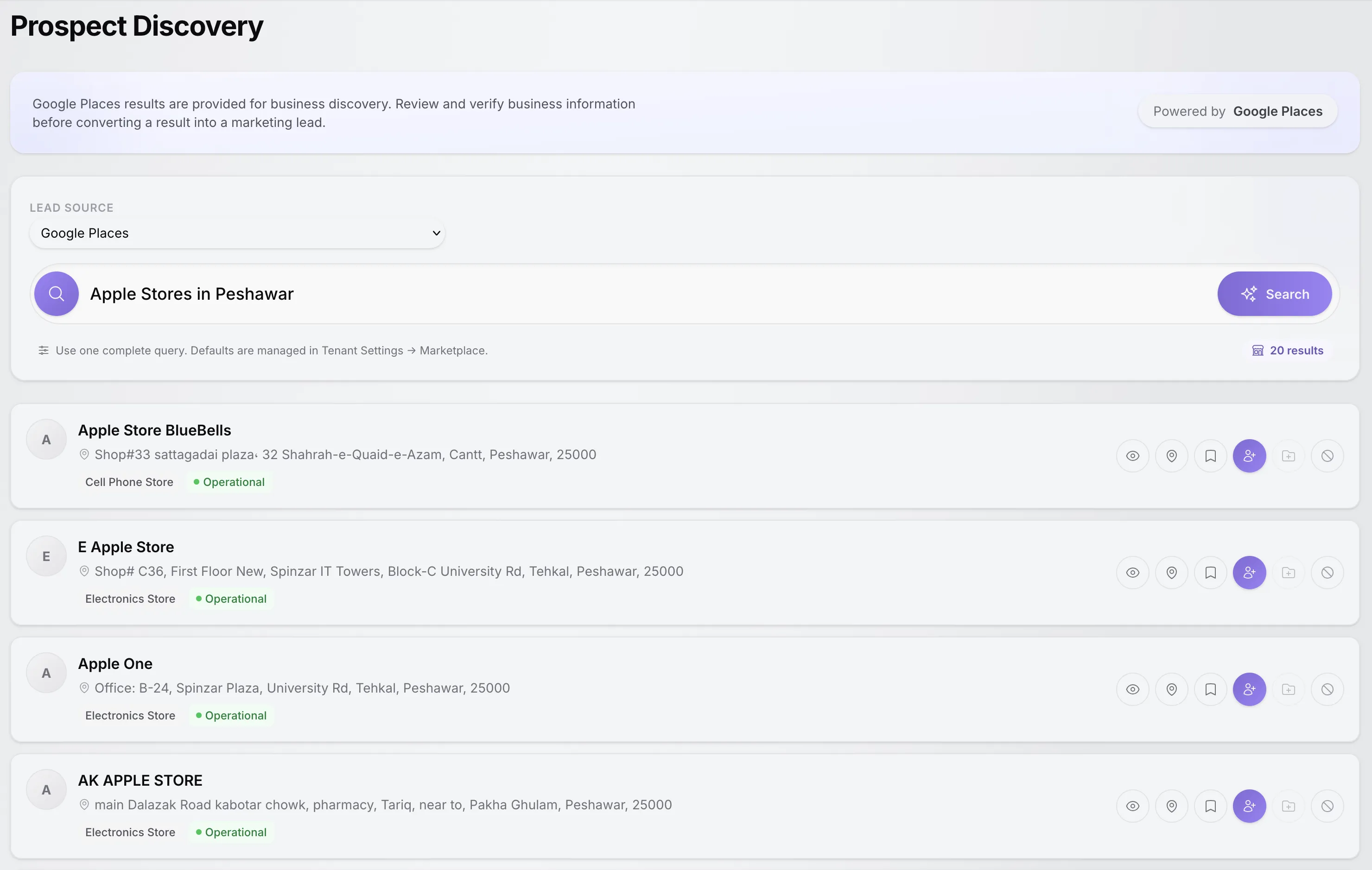 TenantSaaS prospect discovery screen searching a connected business source and listing business results ready to convert into marketing leads.