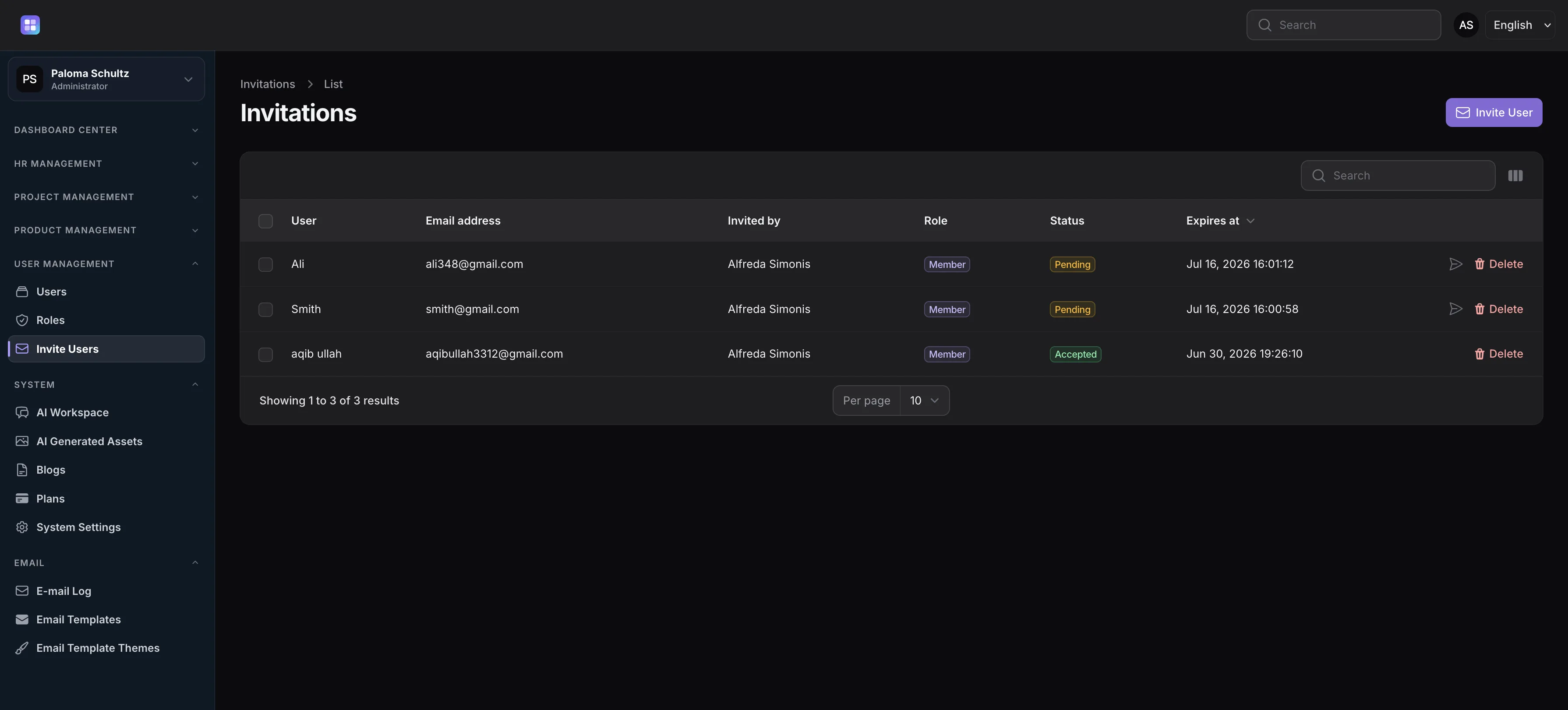 TenantSaaS team invitation screen for inviting employees and assigning access.